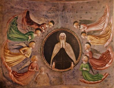 detail schildering van Masolino da Panicale, 1435: (God kijkt toe bij) doop van Jezus