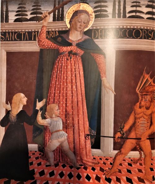 kind zoekt bescherming bij Maria tegen aanval van de duivel; Domenico di Sanobi, Velluti kapel Florence