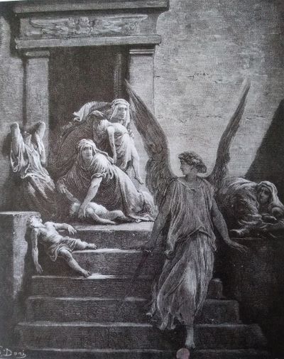 de Vernietiger gaat langs de huizen in Egypte+ Gustave Doré, 1866, La Sainte Bible.